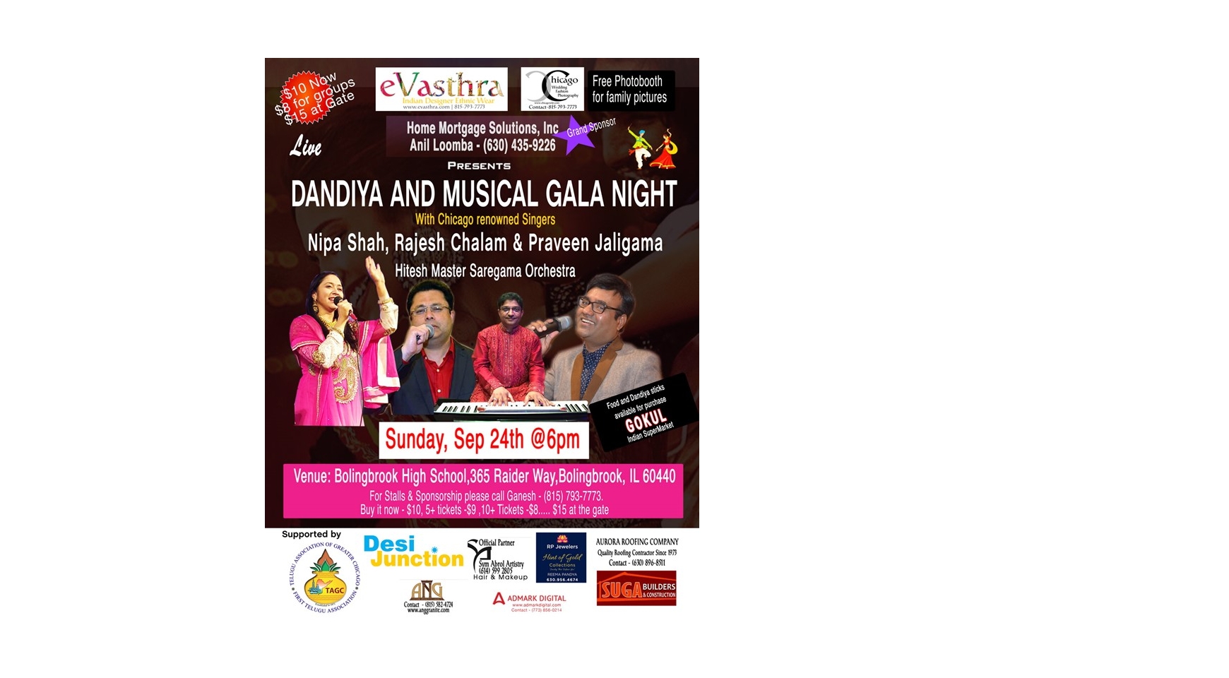 Live Dandiya and Musical Gala Night with Nipa Shah, Rajesh Chalam, Praveen Jaligama & Hitesh Master Saregama Orchestra Buy Tickets Online | Bolingbrook , Sun , 2017-09-24 | ThisisShow