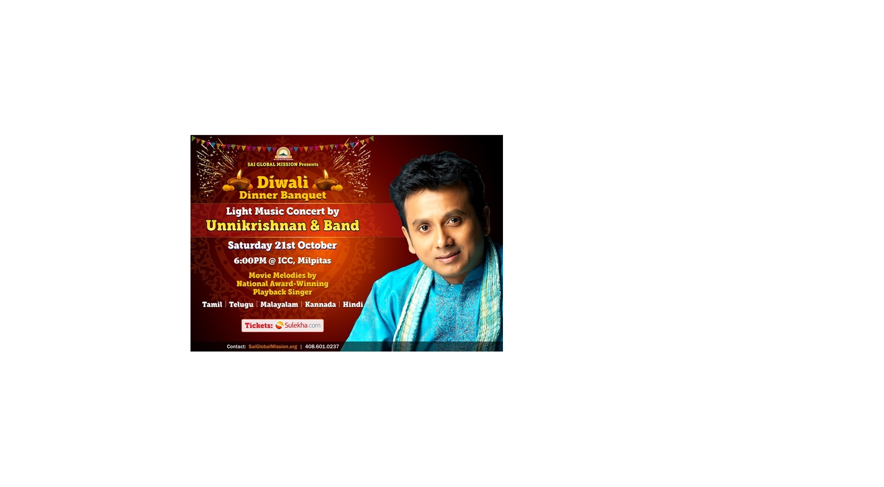 Unnikrishnan Live In Concert With Band and Diwali Dinner Banquet Buy Tickets Online | Milpitas , Sat , 2017-10-21 | ThisisShow
