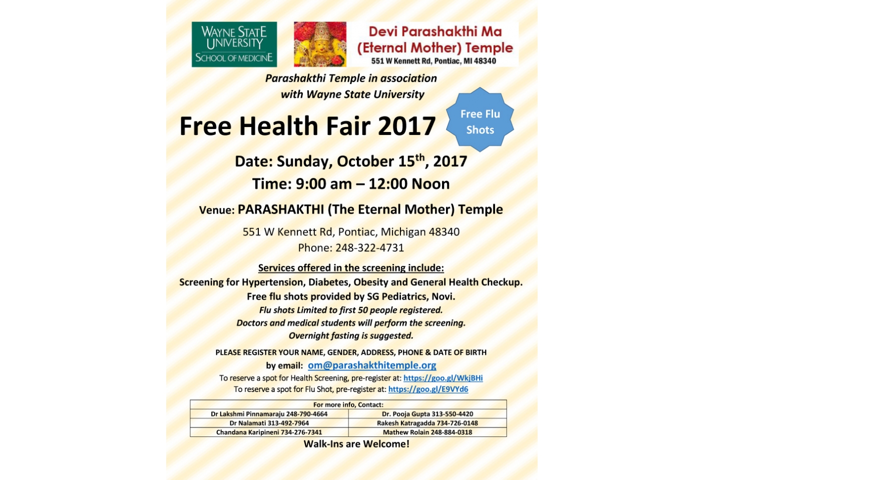 Parashakthi Temple Health Fair Buy Tickets Online | Pontiac , Sun , 2017-10-15 | ThisisShow