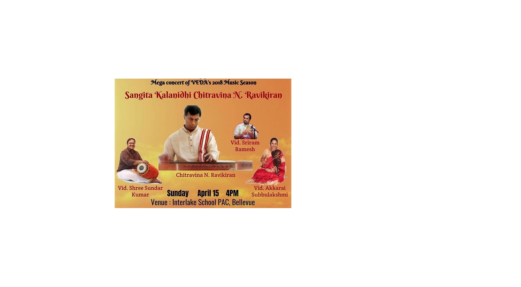 Mega Concert: Sangita Kalanidhi Chitravina Ravikiran concert Buy Tickets Online | Bellevue , Sun , 2018-04-15 | ThisisShow